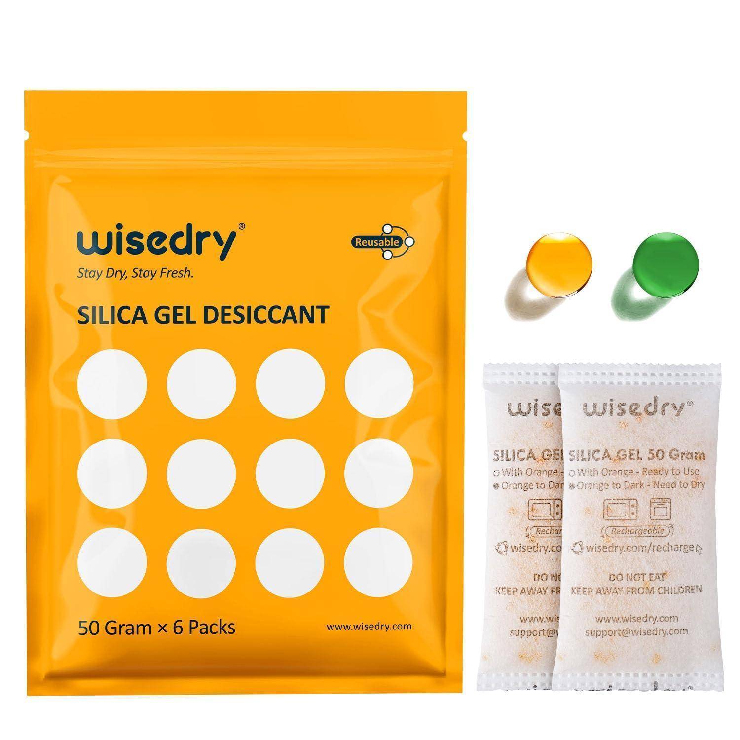 Wisedry Silicagel-Trockenmittel-Verpackung und zwei einzelne Päckchen, gezeigt mit orangefarbenen und grünen wiederverwendbaren Indikatorperlen.