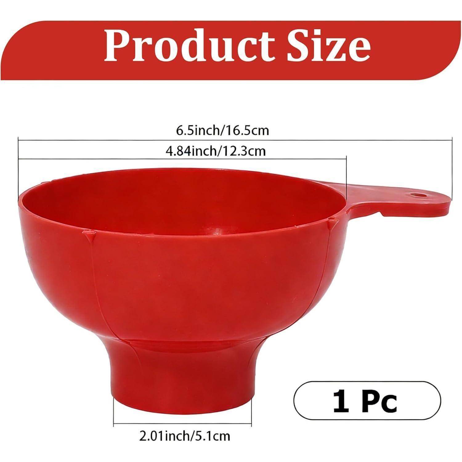 Größendiagramm einer roten Messchüssel mit Griff, das die Abmessungen 6,5 Zoll/16,5 cm Breite, 4,84 Zoll/12,3 cm Öffnung und 2,01 Zoll/5,1 cm Boden zeigt; Etikett „1 Stück".