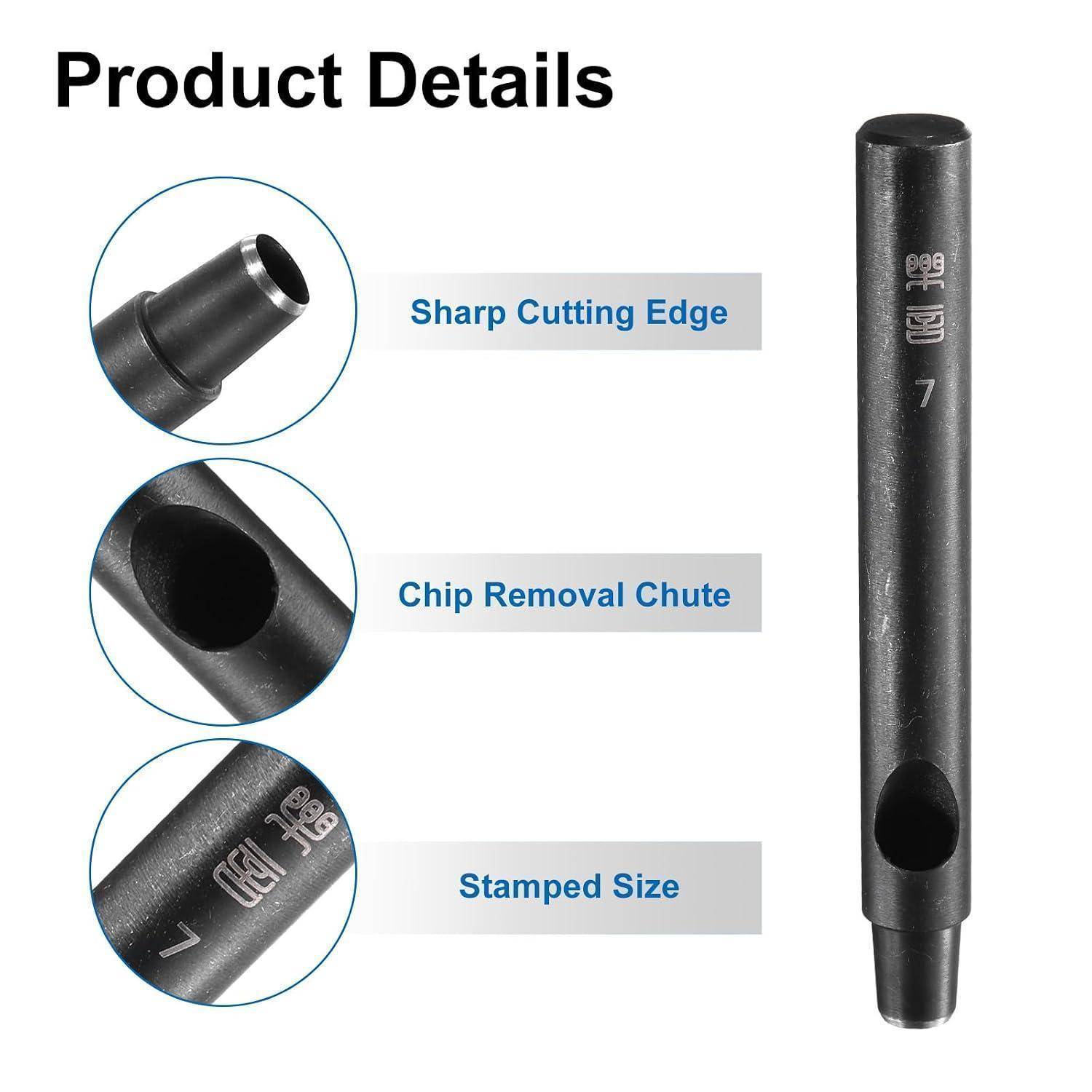 Produktdetails eines schwarzen Metall-Locheisens mit scharfer Schneidkante, Spanauswurfrinne und gestempelter Größe 7.