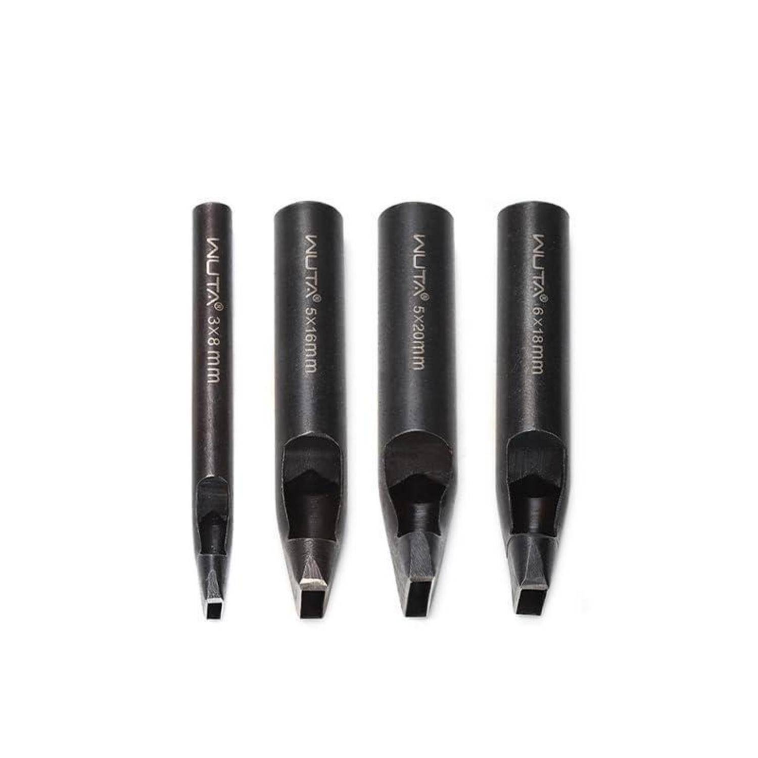 Vier schwarze Lochwerkzeuge vertikal angeordnet, beschriftet mit 3x8 mm, 5x10 mm, 5x20 mm und 6x18 mm.