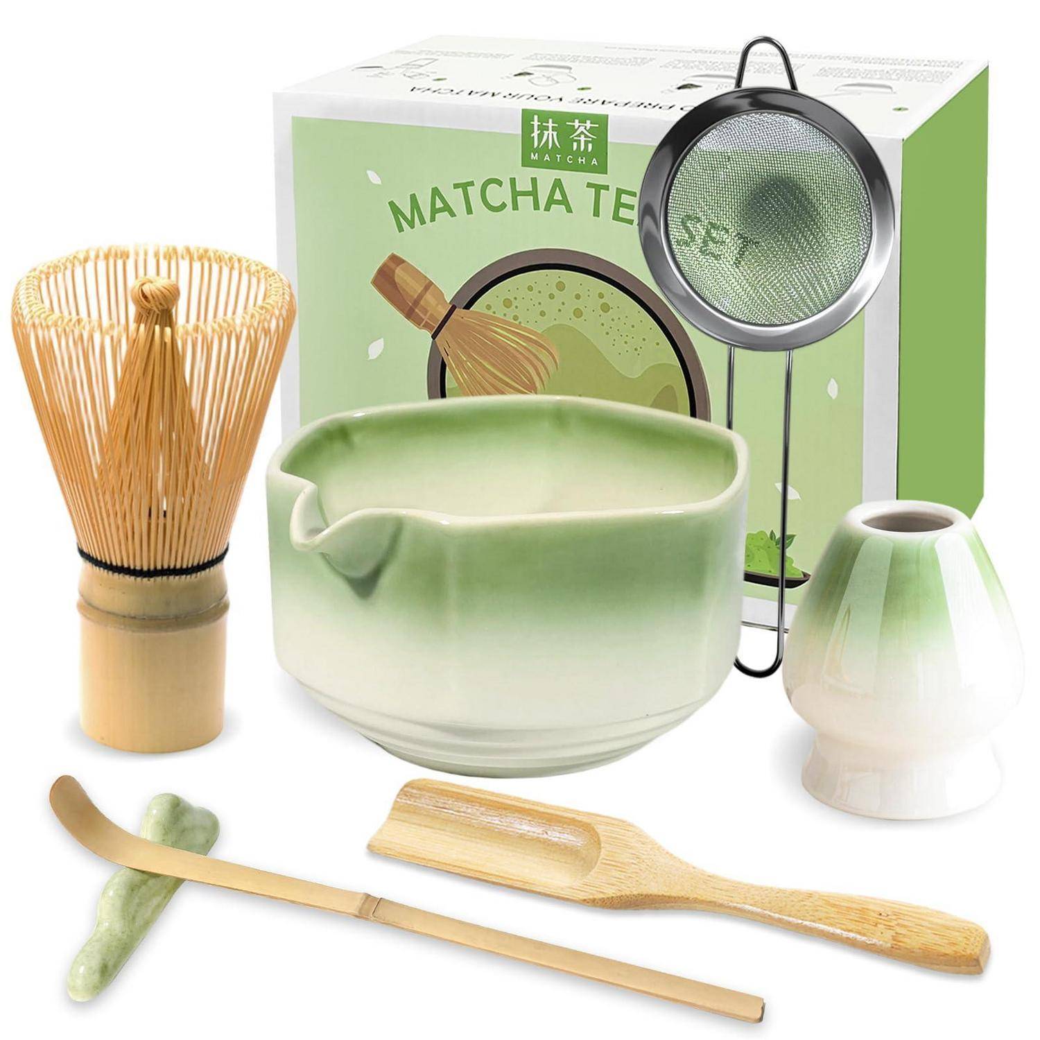 JBER Matcha Besen Set, Matcha Set 7-Teiliges - Matcha Besen und Besenhalter, Matcha Schale mit Auslauf, Sieb, Löffel und Halter, Japanisches Matcha