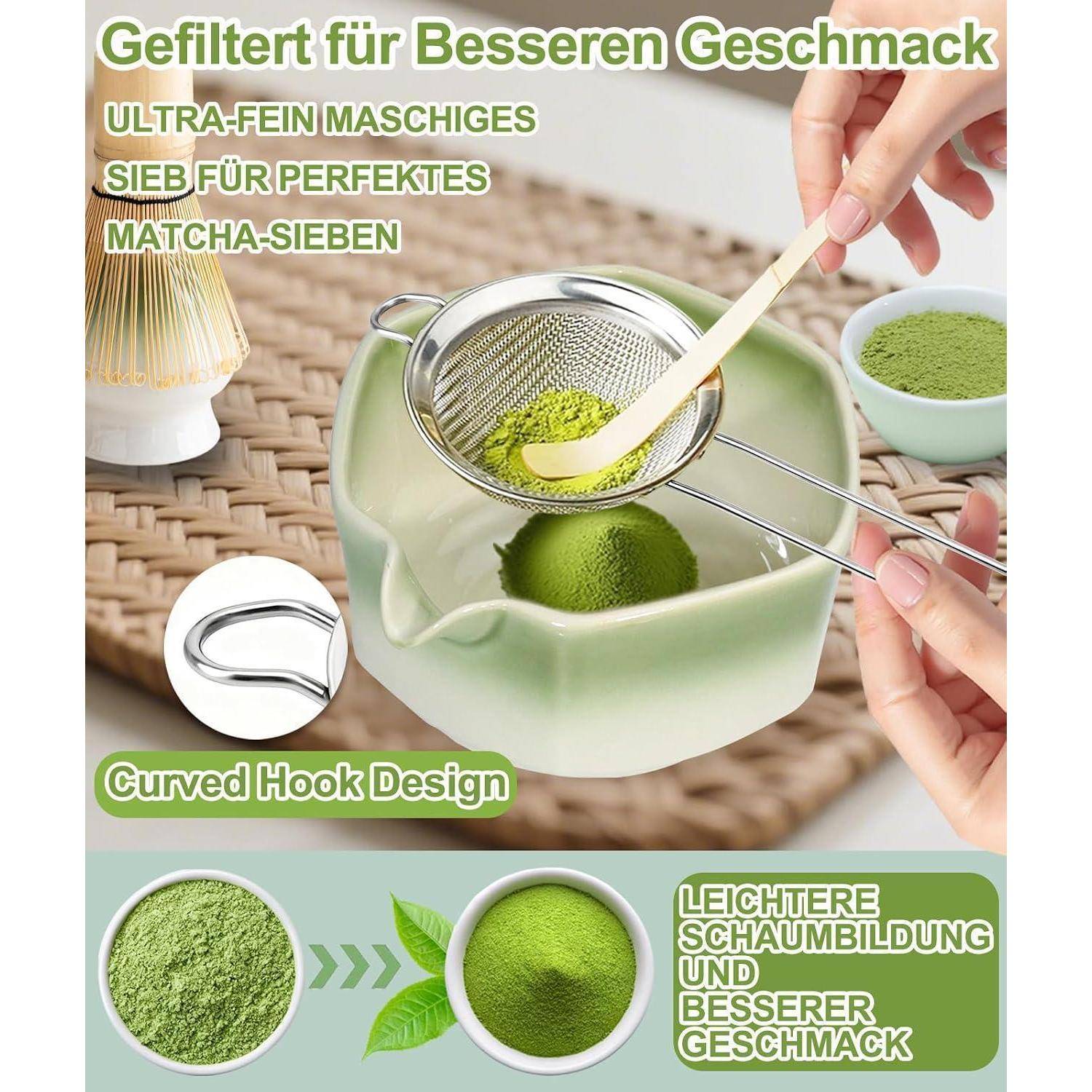 JBER Matcha Besen Set, Matcha Set 7-Teiliges - Matcha Besen und Besenhalter, Matcha Schale mit Auslauf, Sieb, Löffel und Halter, Japanisches Matcha
