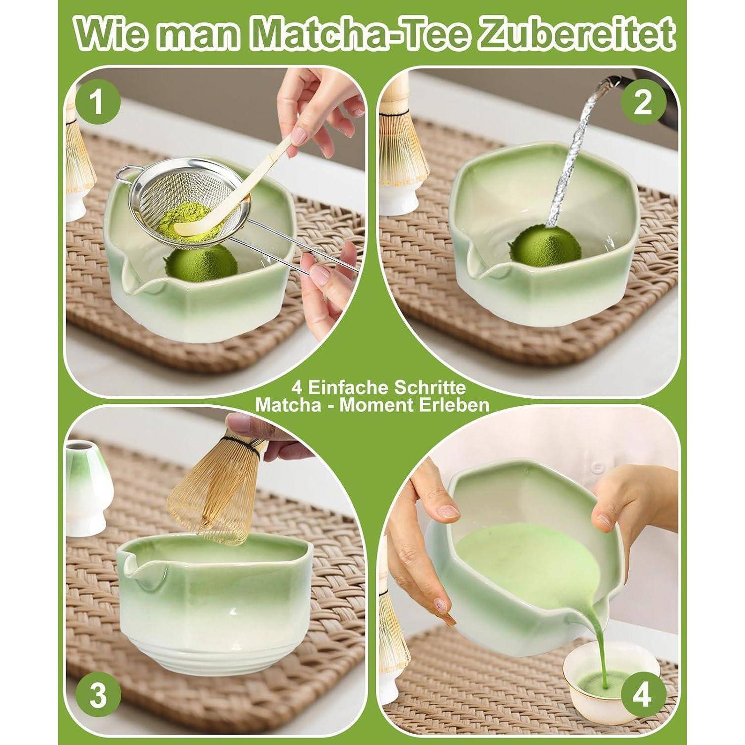 JBER Matcha Besen Set, Matcha Set 7-Teiliges - Matcha Besen und Besenhalter, Matcha Schale mit Auslauf, Sieb, Löffel und Halter, Japanisches Matcha