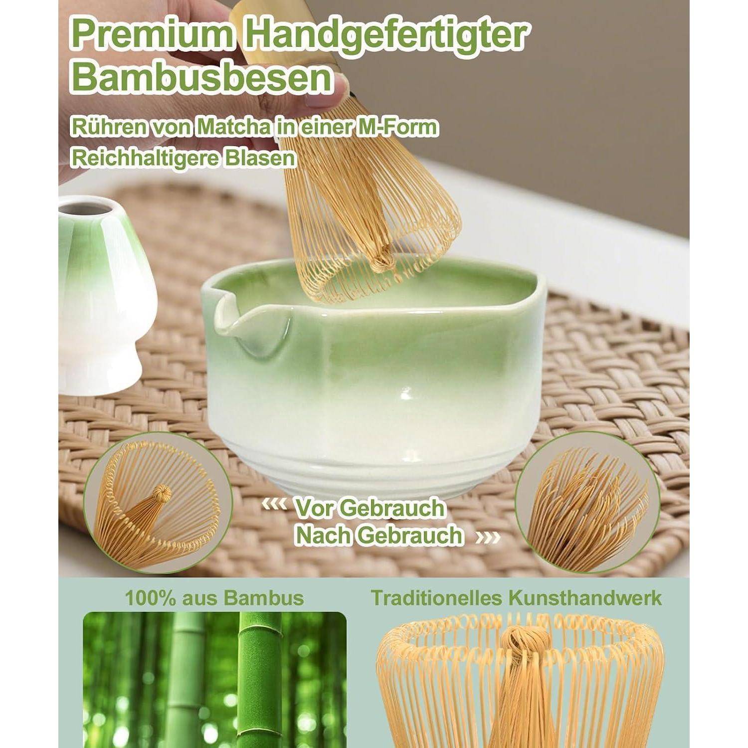 JBER Matcha Besen Set, Matcha Set 7-Teiliges - Matcha Besen und Besenhalter, Matcha Schale mit Auslauf, Sieb, Löffel und Halter, Japanisches Matcha