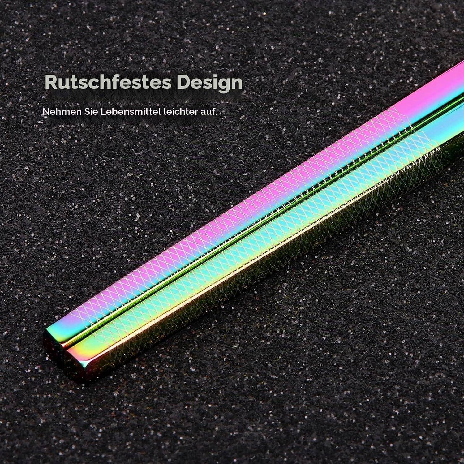 Regenbogenfarbige Zangen mit rutschfestem Design auf einer dunkel strukturierten Oberfläche, mit deutschem Text, der „Rutschfestes Design