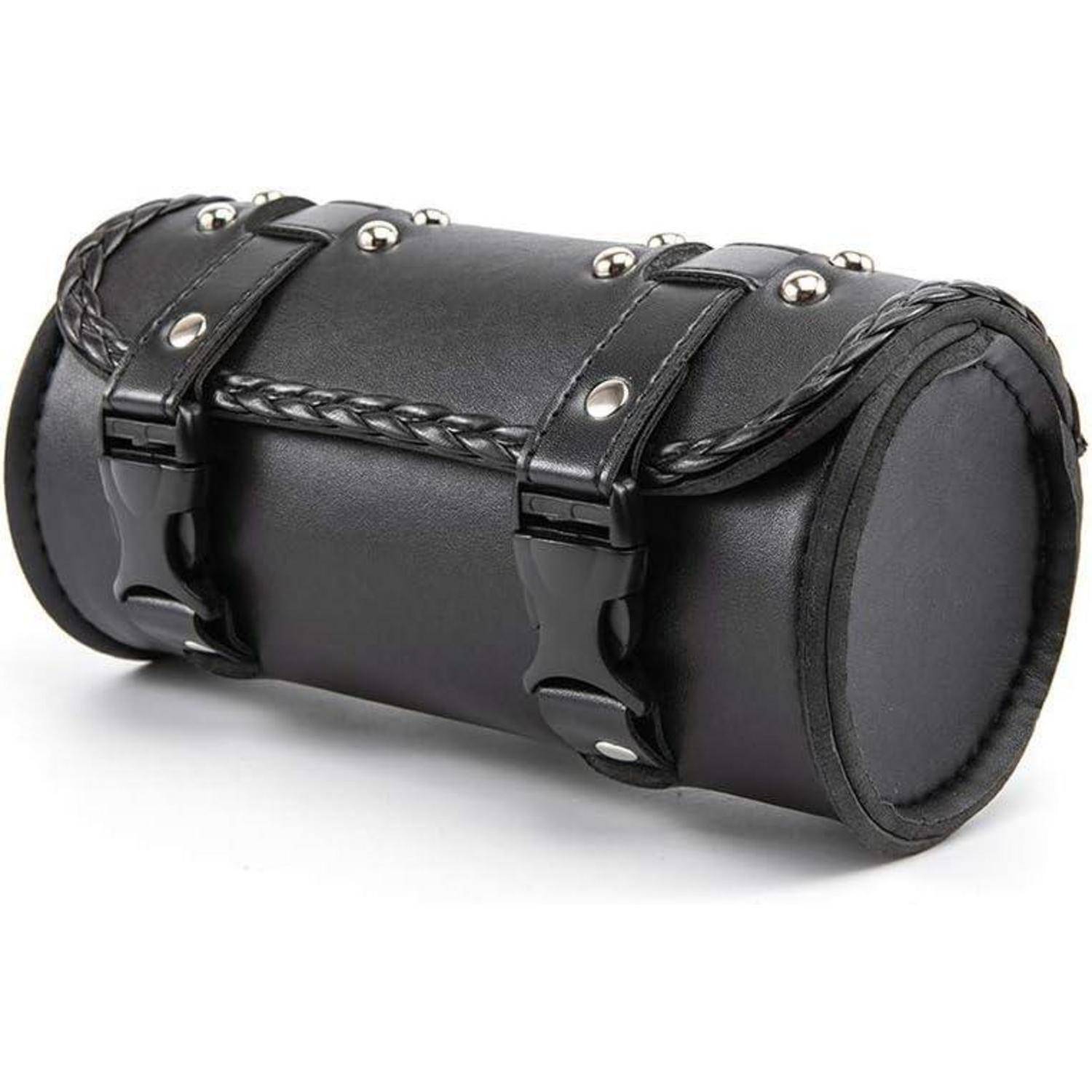 Schwarzer zylindrischer Leder-Motorrad-Werkzeugtasche mit geflochtener Verzierung, Nieten und zwei Schnallengurten