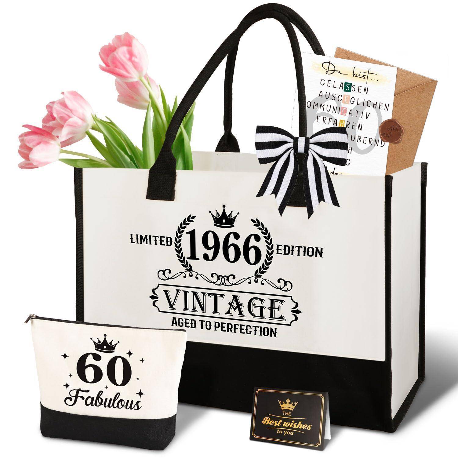 Geschenktasche mit Tulpen, einer Karte und einer passenden Tasche, alle mit Vintage-Designs im Stil „1966 Vintage