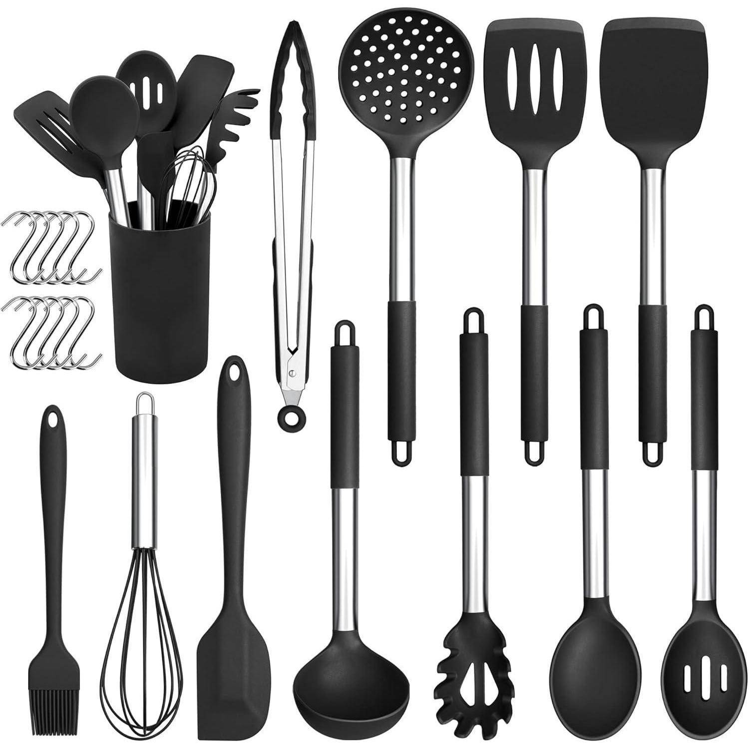 Schwarzes Silikon-Küchenutensilien-Set mit Aufbewahrungshalter, Zangen, Schneebesen, Spatel, Schlitzlöffel, Schöpfkelle, Pasta-Server, Bastierungspinsel und Haken.