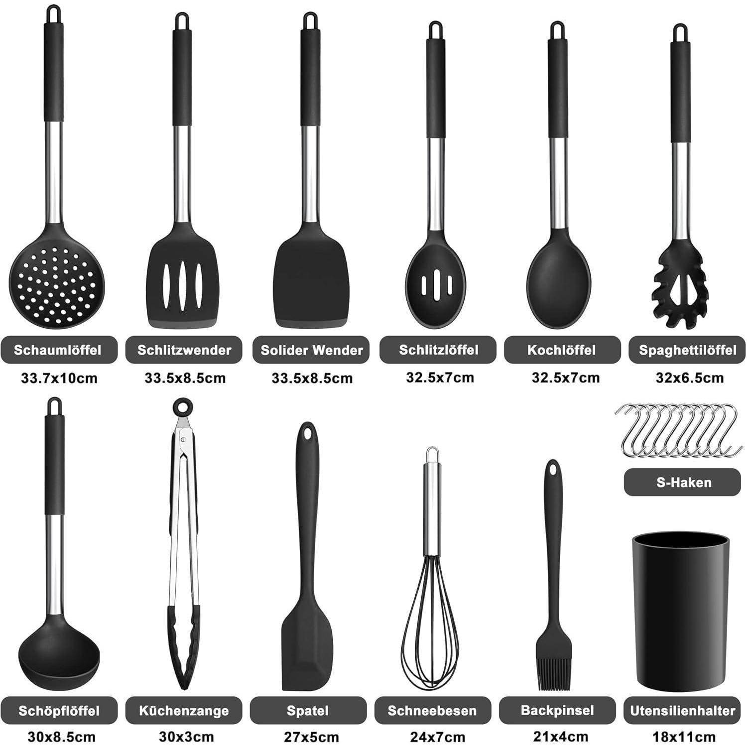 Küchengeräteset mit 11 schwarz-silbernen Werkzeugen ausgestellt, beschriftet auf Deutsch: Schaumlöffel, Wender, Schlitzlöffel, Kochlöffel, Spaghettilöffel, Schöpfkelle, Zange, Spatel, Schneebesen, Bürste, S-Haken und Ständer.