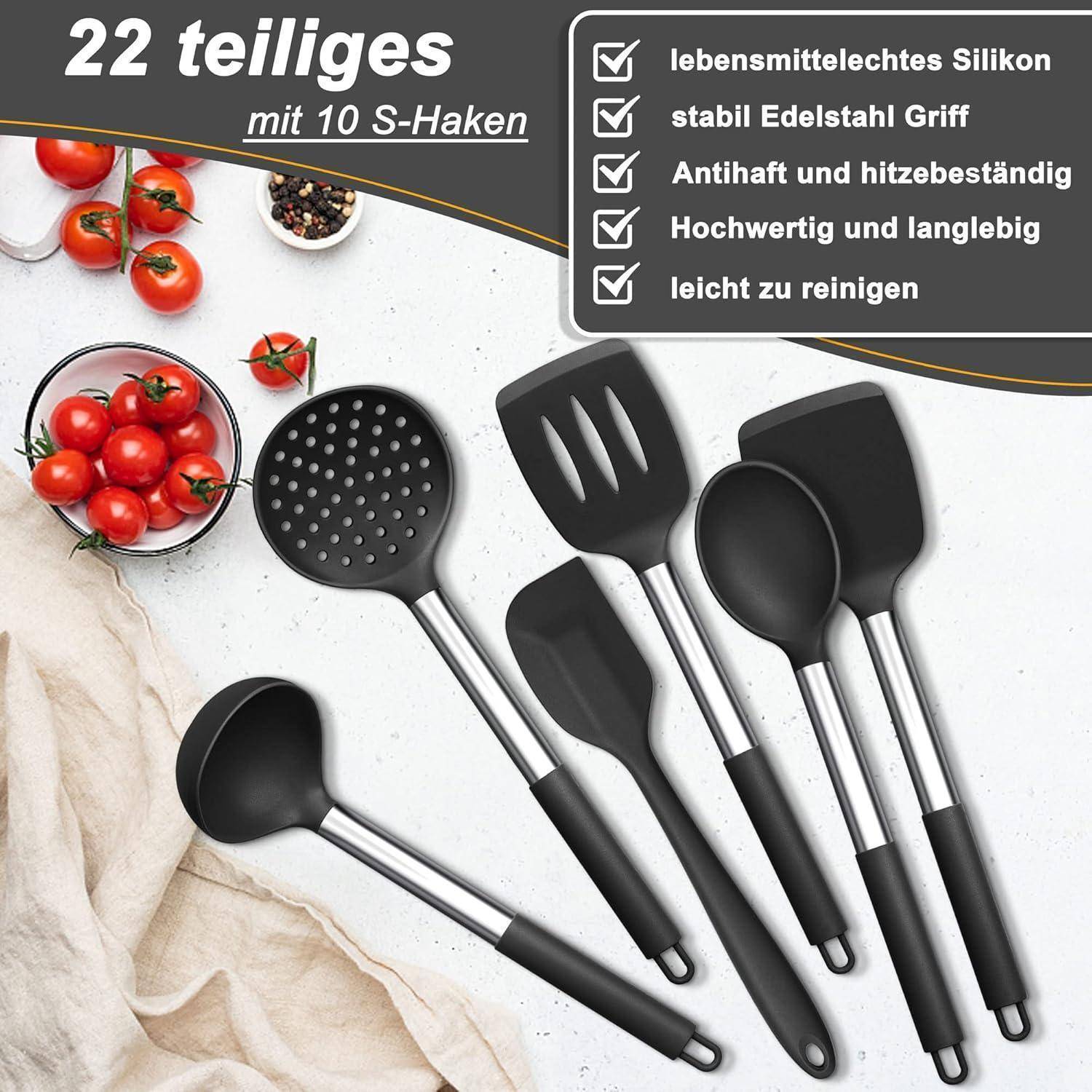 Werbebild eines 22-teiligen Küchenutensil-Sets mit 10 S-Haken, schwarzen Silikonköpfen und Griffen aus Edelstahl, gezeigt mit Tomaten und Merkmal-Häkchen.