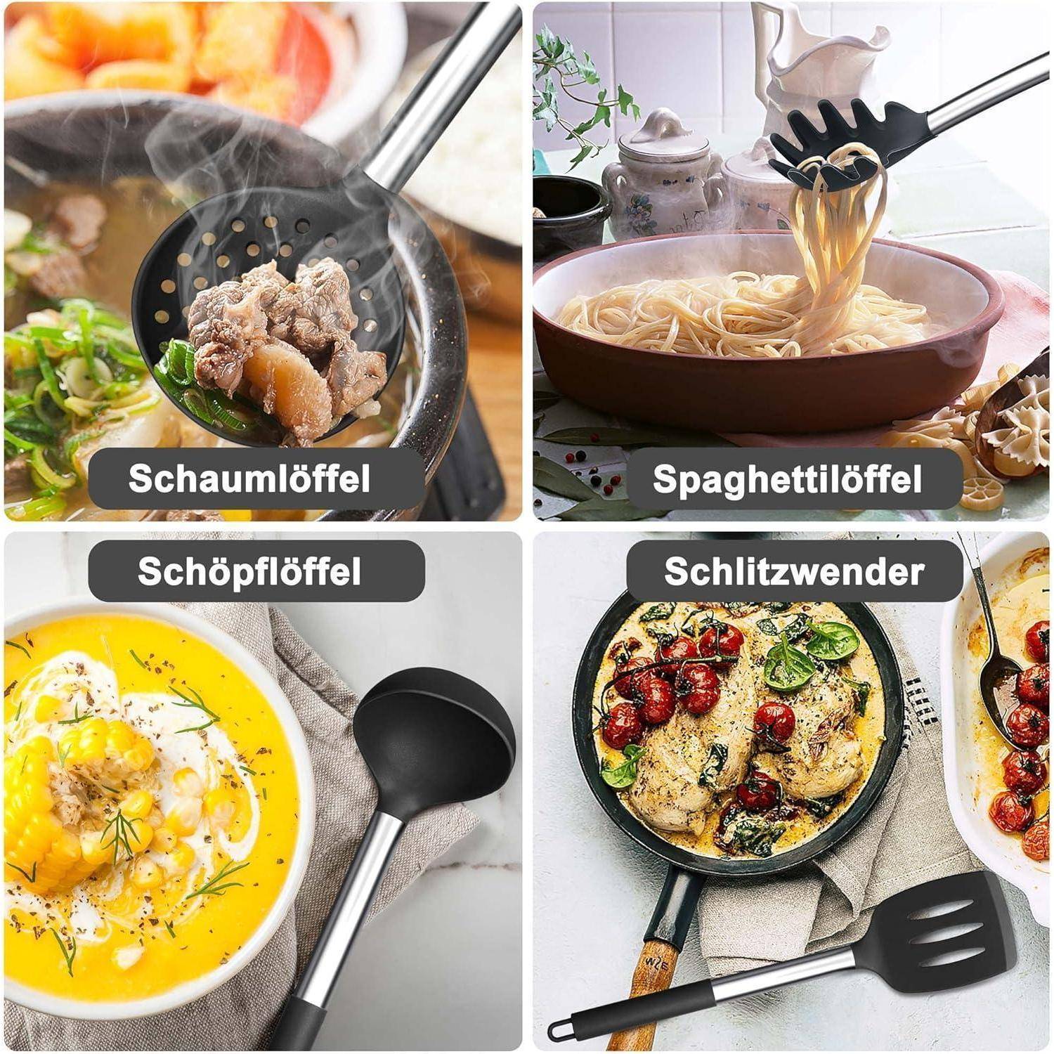 Kollage zum Vergleich von vier Kochutensilien: Schaumlöffel, Spaghettigabel, Schöpflöffel und Wendeturner mit Löchern, jeweils auf Deutsch beschriftet.