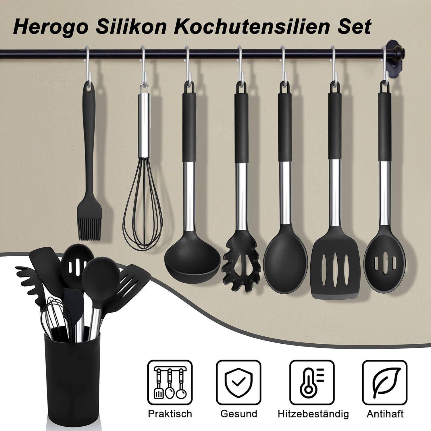 Schwarzes Küchenbesteck-Set hängend an einer Schiene mit passendem Halter und Symbolen für praktische, gesunde, hitzebeständige und antihaftbeschichtete Verwendung.