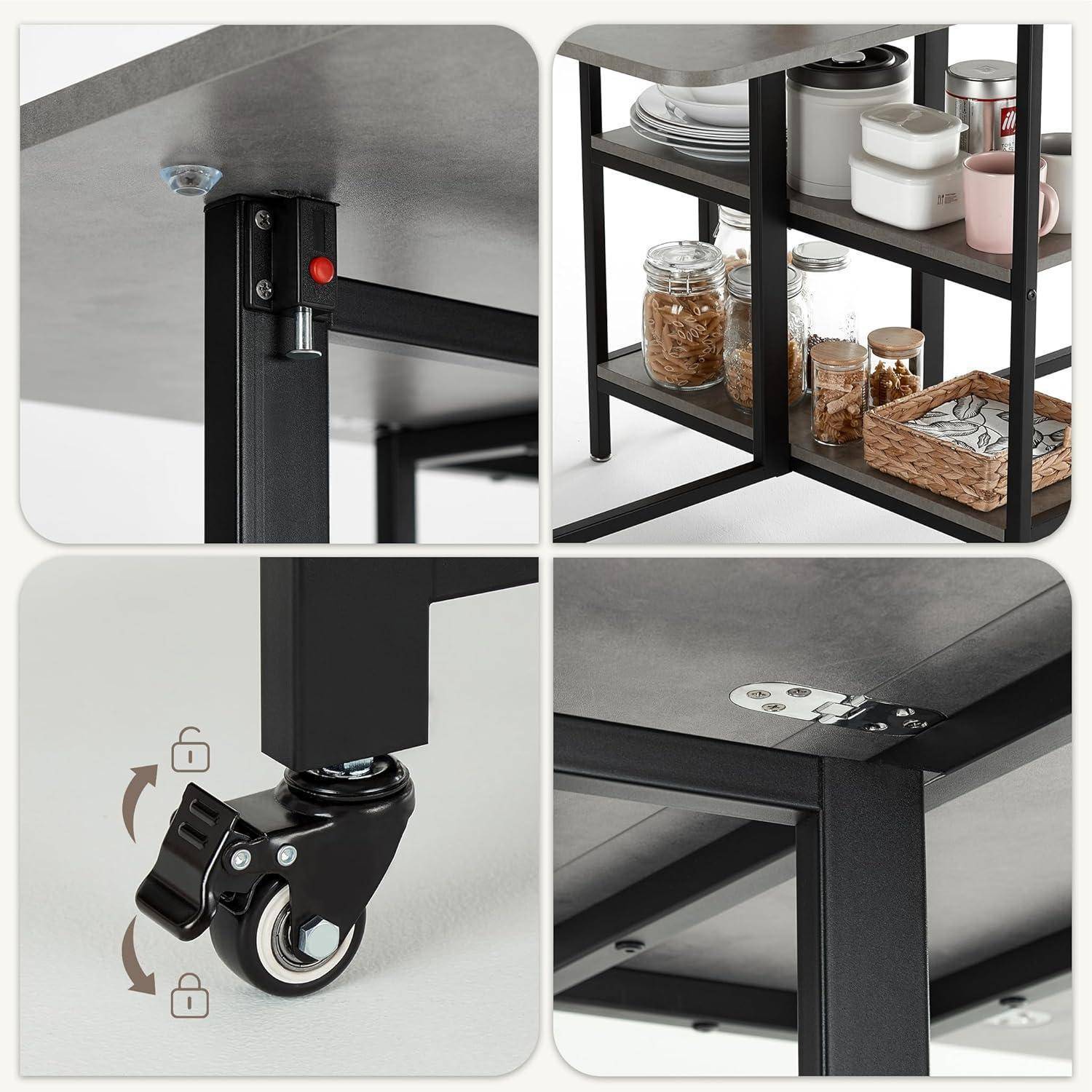 Collage zeigt einen schwarzen Metallgebrauchswagen/-tisch mit Regalen, Lenkrollenbremsmechanismus und Unterseiten-Befestigungsdetails für Montage und Mobilität.