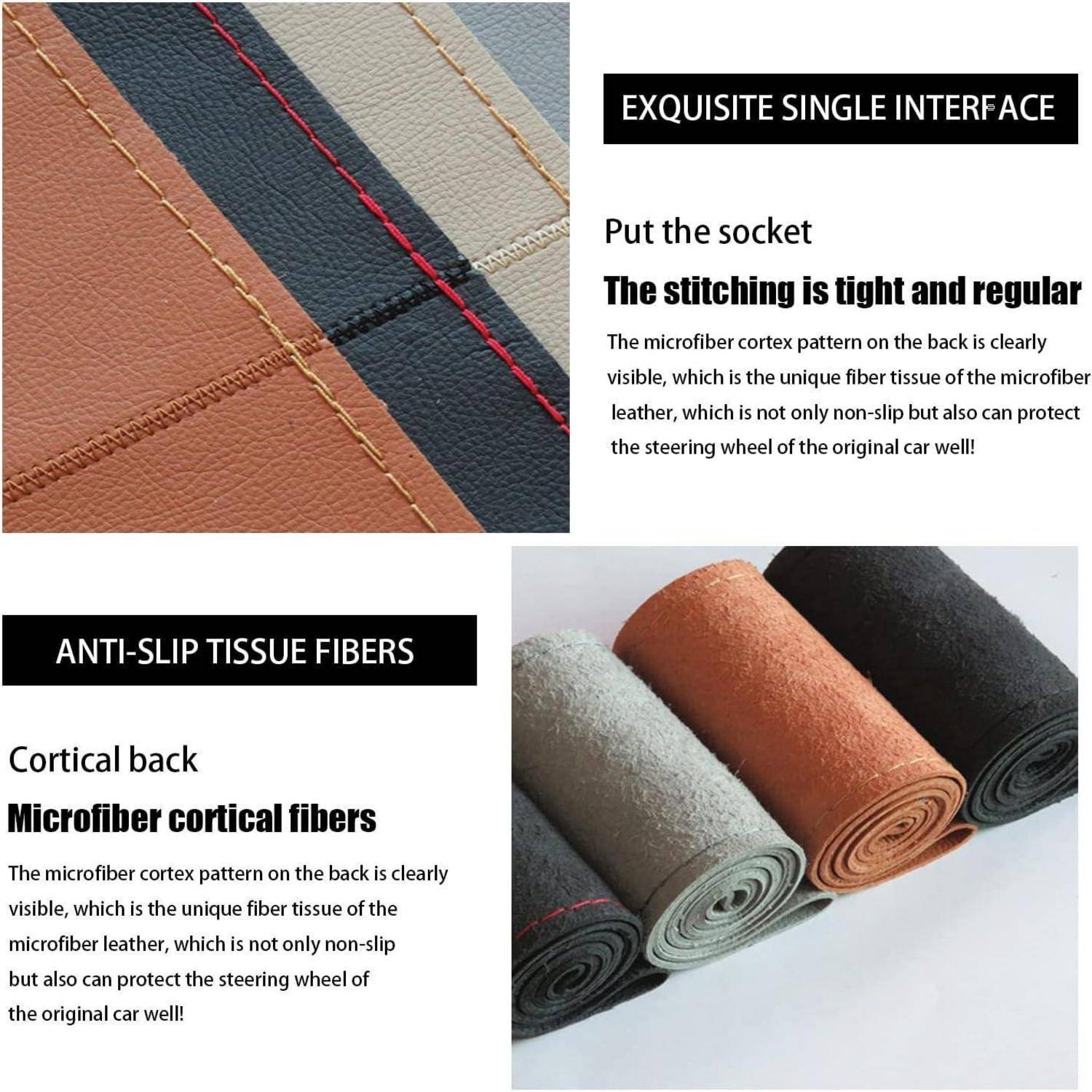 Werbegrafik mit Mikrofaser-Ledermustern mit enger Naht und rutschfester Textur, die die Rückenfasern des Materials und gerollte Farbmuster hervorhebt.