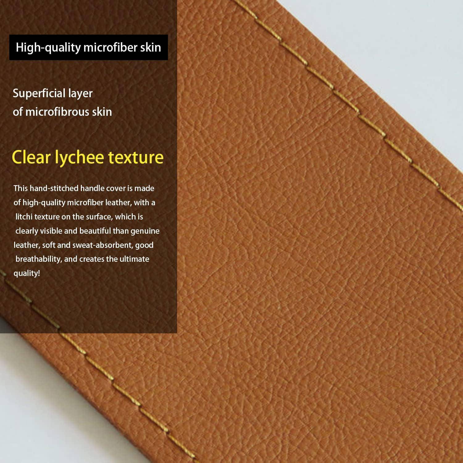 Nahaufnahme einer braunen handgenähten Mikrofaser-Lederfläche mit ausgeprägter Litschi-Textur; überlagernder Text hebt "Hochwertige Mikrofaser-Haut"" und ""Klare Litschi-Textur"" hervor.