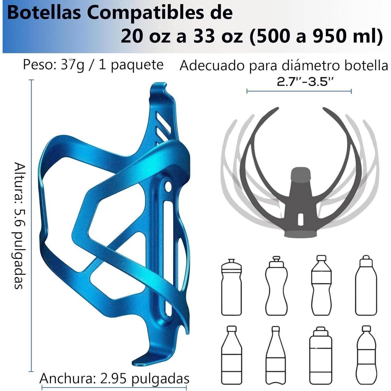 Produktdiagramm eines blauen Fahrrad-Flaschenhalters, der die Kompatibilität mit 20–33 oz-Flaschen zeigt, sowie Abmessungen, Gewicht und Größenbereich der Flasche.