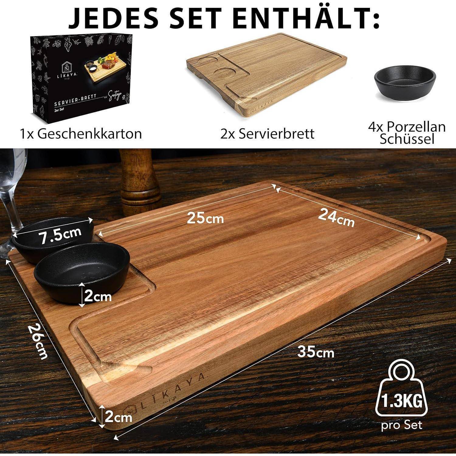 Das Produktset enthält eine Geschenkbox, zwei Holzservierbretter und vier Porzellanschüsseln, wobei die Abmessungen des Bretts 35 x 25 x 2 cm und die Schüsselgröße 7,5 cm betragen.