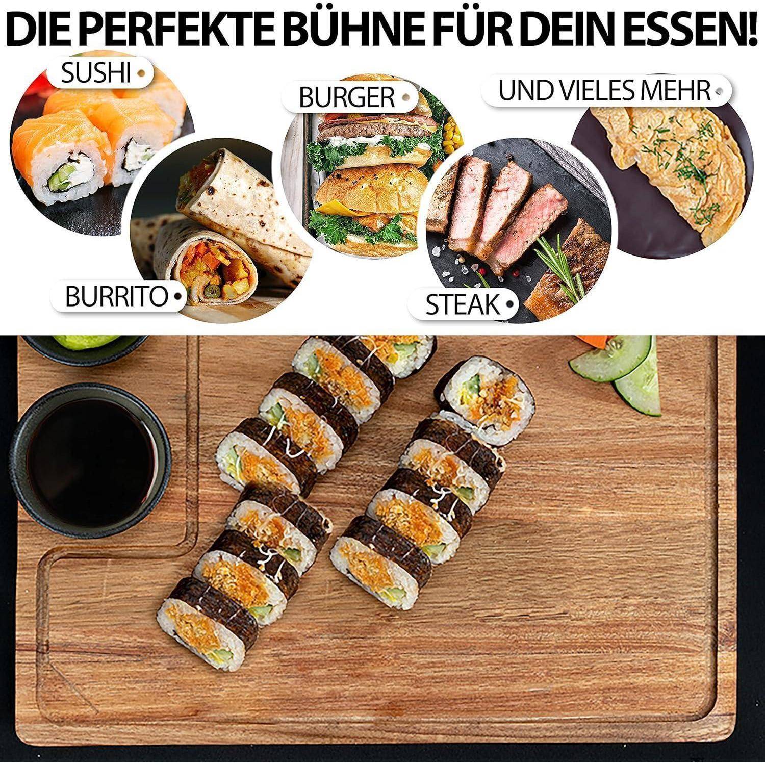 LIKAYA® Servierbrett XXL 2er-Set 'Santiago' – FSC® Akazienholz mit Saucenschüsseln | Perfekt als Grillbrett, Steakbrett & Geschenk für Burger, S