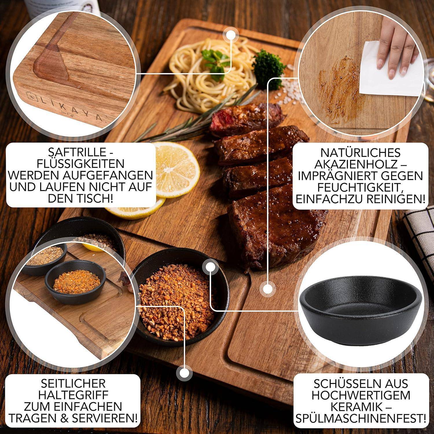 Annotierte Schneidebrett mit Steak, Pasta, Zitrone und Gemüse; Beschriftungen heben die Saftrille, Akazienholz, Seitengiffe und hitzebeständige Keramikschale hervor.
