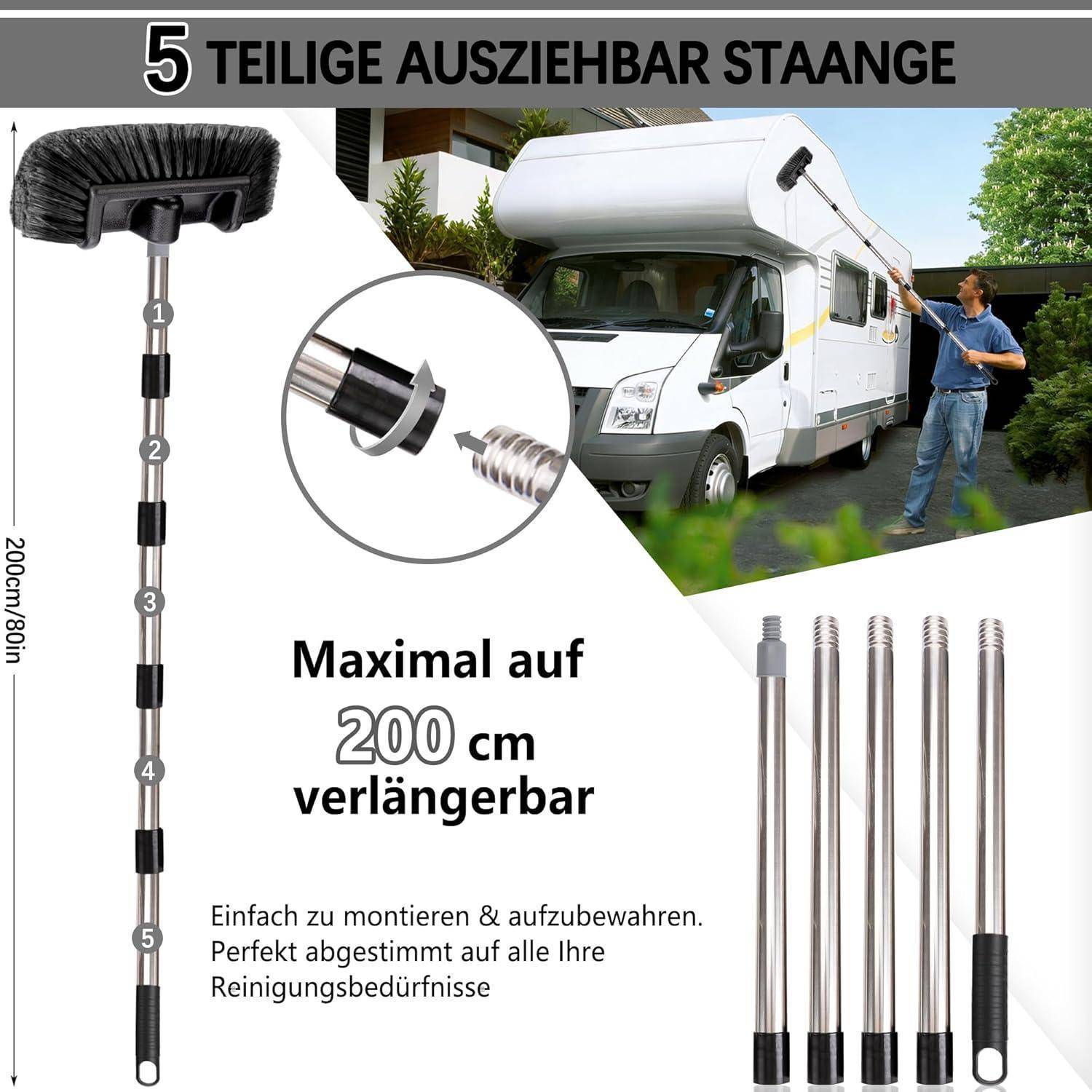 Werbeanzeige für eine 5-teilige verlängerbare Reinigungsstange, max. 200 cm; abgebildet zusammengebaut auf einem Wohnmobil und in fünf Gewindeteilen.