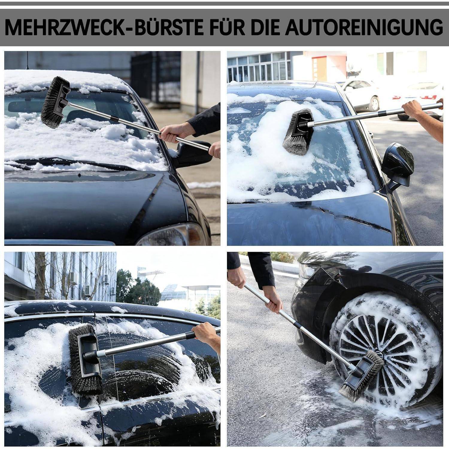 Collage zeigt eine Multifunktionsbürste, die zum Reinigen von Schnee und Schaum von der Autoscheibe, dem Dach, der Heckscheibe und dem Rad verwendet wird.
