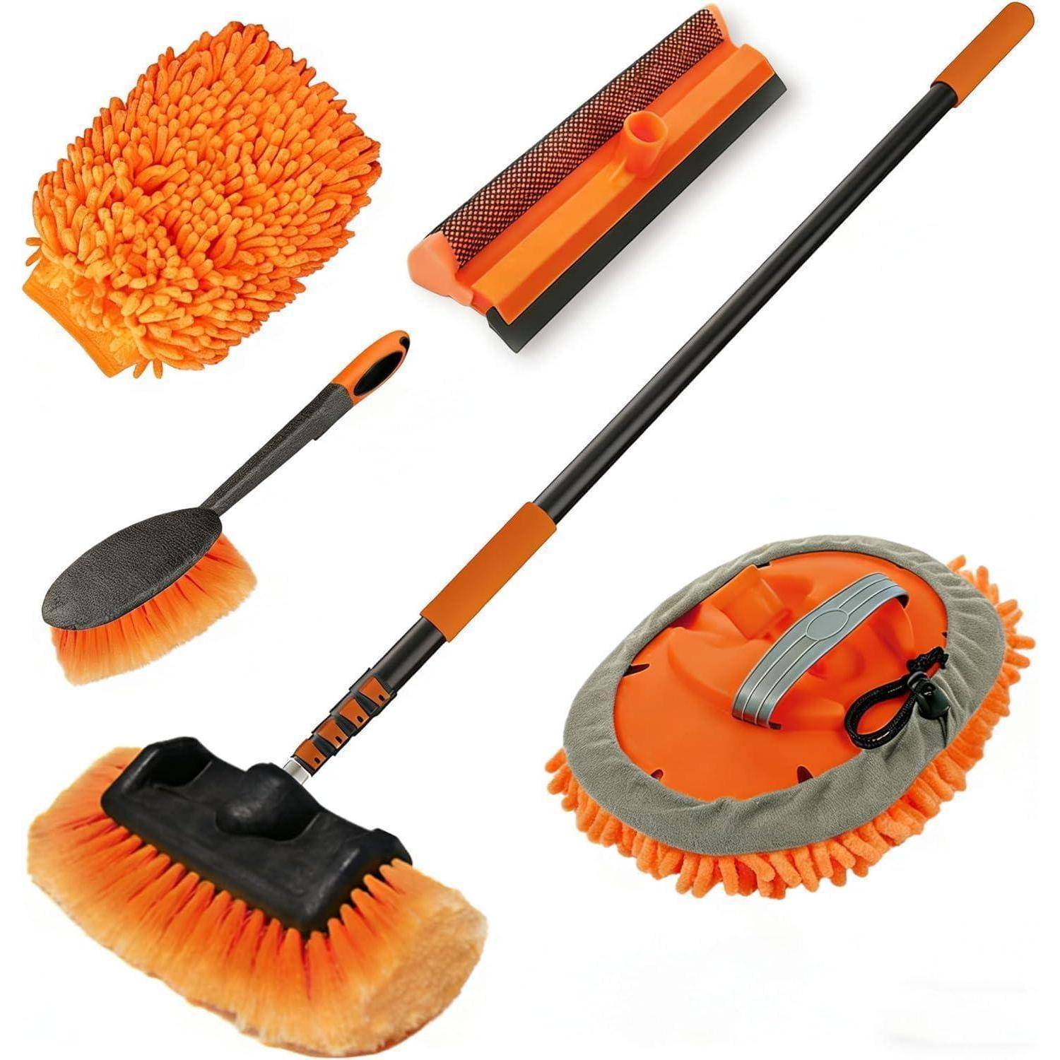Satz mit orange-schwarzen Reinigungswerkzeugen: ein Staubwedel-Handschuh, eine Bürste, ein Schaber, ein Mop mit langem Stiel und ein Bodenmop mit abnehmbarem Pad.