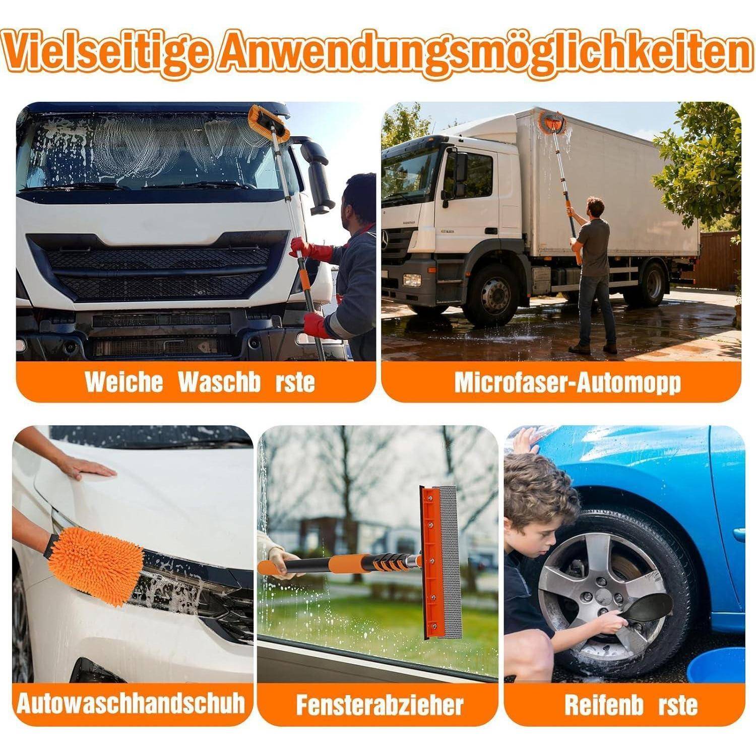 Deutsche Produktcollage mit einer waschbaren Bürste, Mikrofaser-Autopflege-Mop, Waschhandschuh, Fensterabzieher und Reifenbürste zum Reinigen von Fahrzeugen und Fenstern.