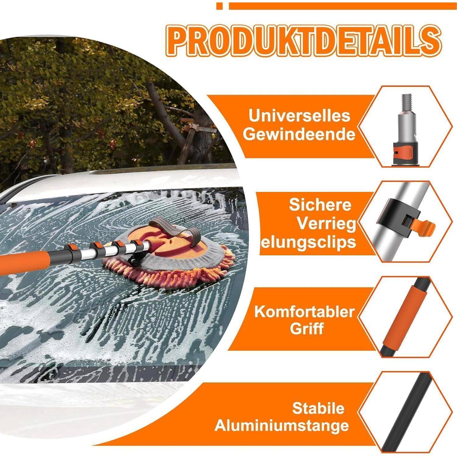 Produktdetails-Infografik für ein Autowaschmittel, das zeigt, wie eine Schaumstoffbürste eine Windschutzscheibe reinigt und folgende Merkmale hervorhebt: universeller Gewinde-Anschluss, sichere Verriegelungsclips, komfortabler Griff und robuster Aluminiummast.