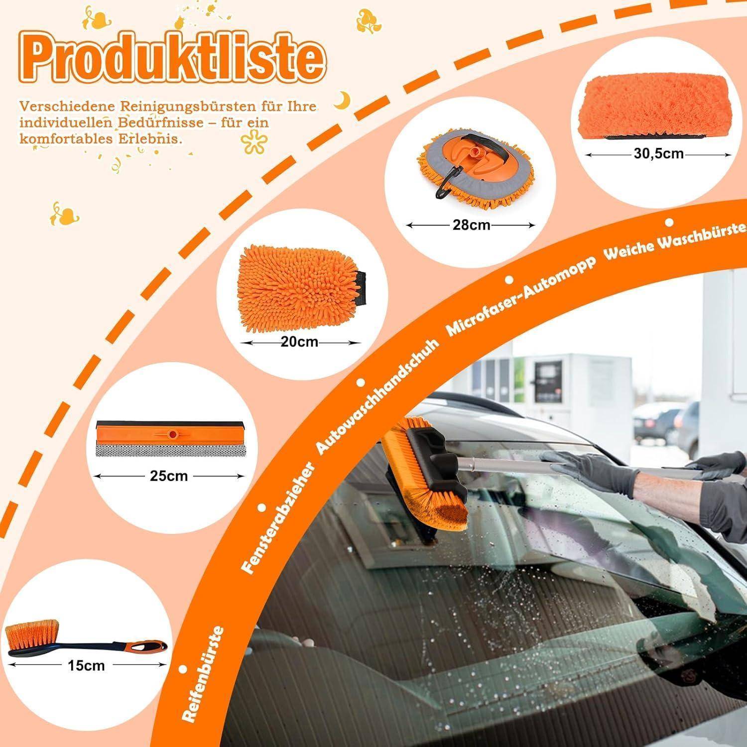 Deutschliste mit orangefarbenen Mikrofaser-Reinigungswerkzeugen in verschiedenen Größen; eine Person verwendet einen Handwischer zum Reinigen einer Autoscheibe.