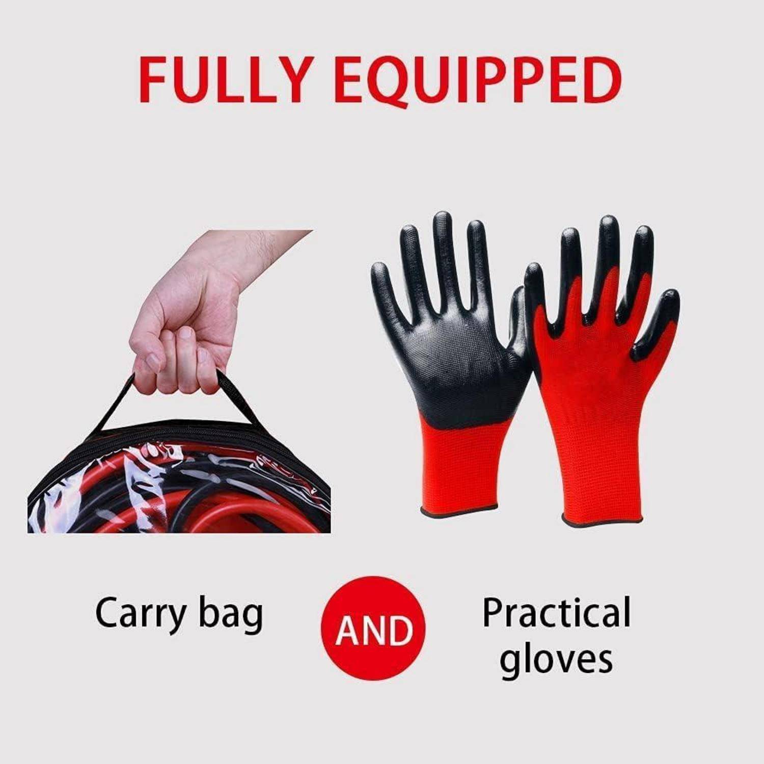 Anzeige, die eine Tragetasche und praktische Handschuhe zeigt, beschriftet mit „VOLLSTÄNDIG AUSGESTATTET