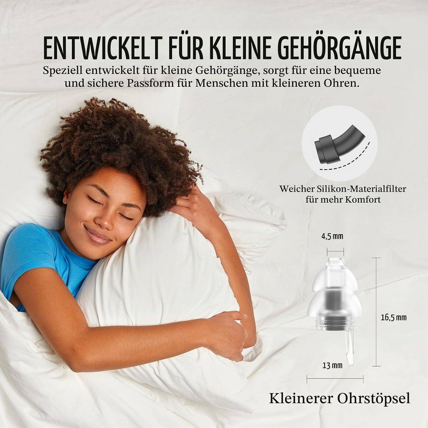 Anzeige mit einer schlafenden Frau auf einem Kissen neben Text, der Ohrstöpsel mit der Aufschrift 