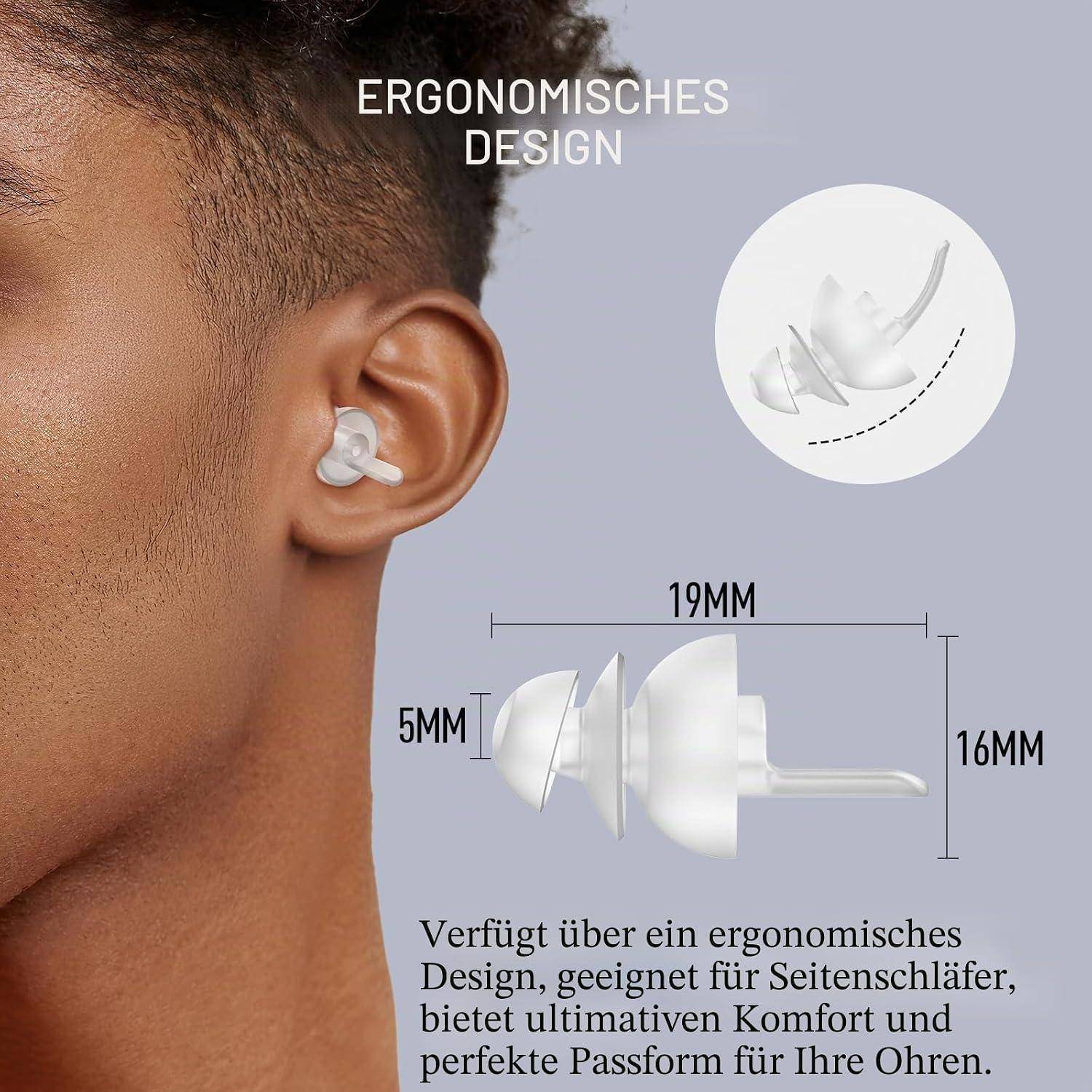 Werbebild eines klaren In-Ear-Ohrstöpsels im Ohr eines Mannes, mit der Bezeichnung „ERGONOMISCHES DESIGN