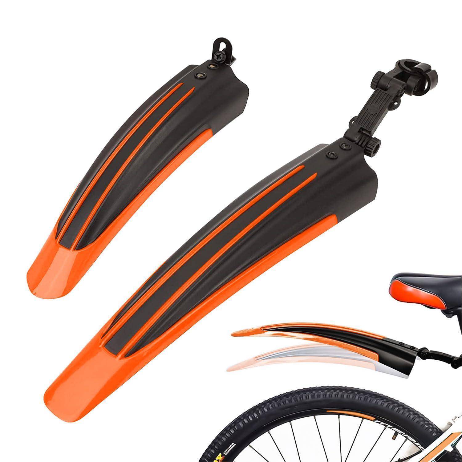 Schwarz-orangefarbene Schutzbleche für Fahrräder, dargestellt in verschiedenen Größen und Montagestilen, mit teilweise sichtbarem Rad zur Demonstration der Passform.