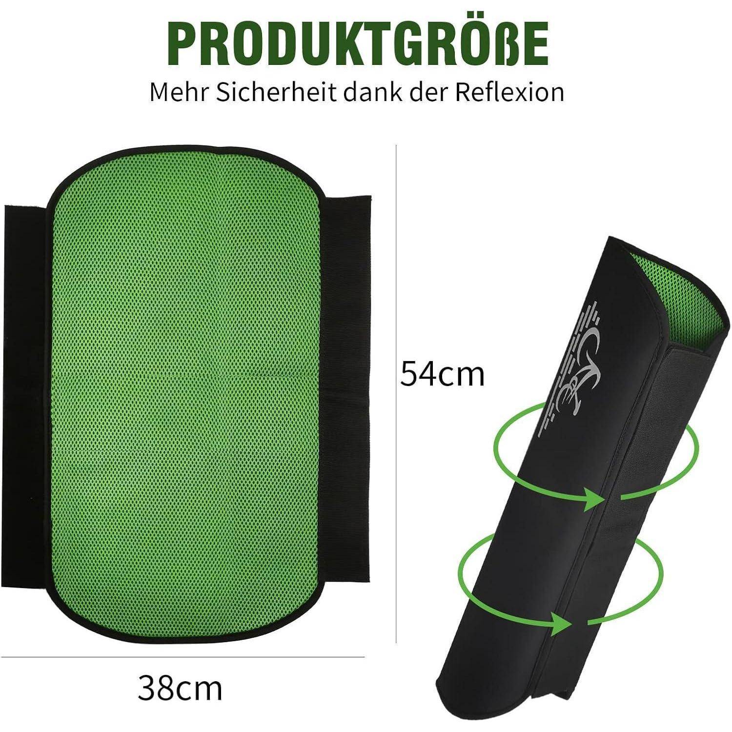 Größendiagramm eines grün-schwarzen reflektierenden Pads, das zeigt, dass es 54 cm hoch und 38 cm breit ist, wobei das Pad gekrümmt ist, um sich um den Körper zu wickeln.