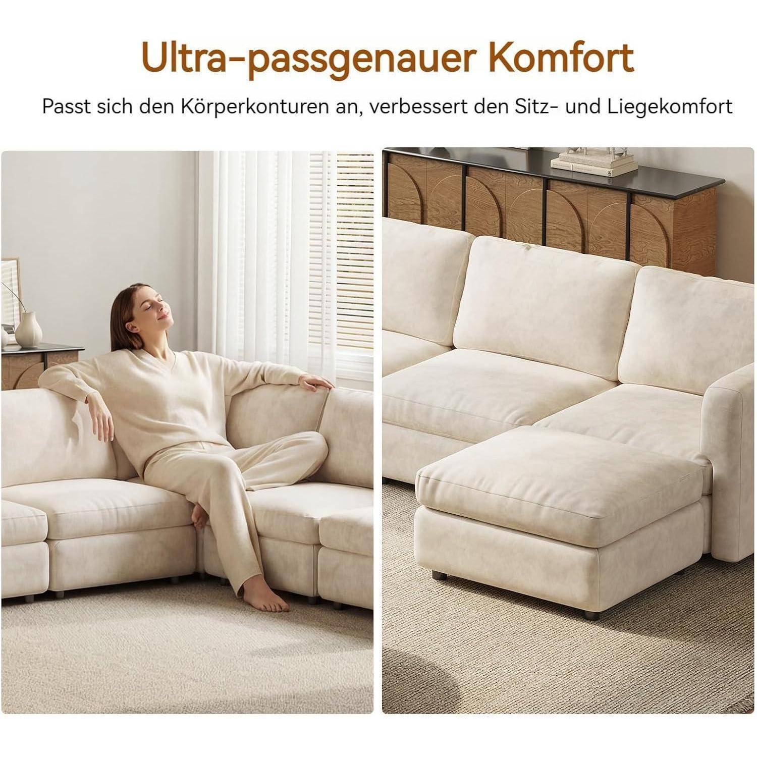 Werbebild eines cremefarbenen Ecksofa mit Chaiselongue, gezeigt mit einer Frau, die darauf entspannt liegt, und eine Nahaufnahme der Kissen, die ultramaßgeschneiderte Passform und Komfort hervorhebt.