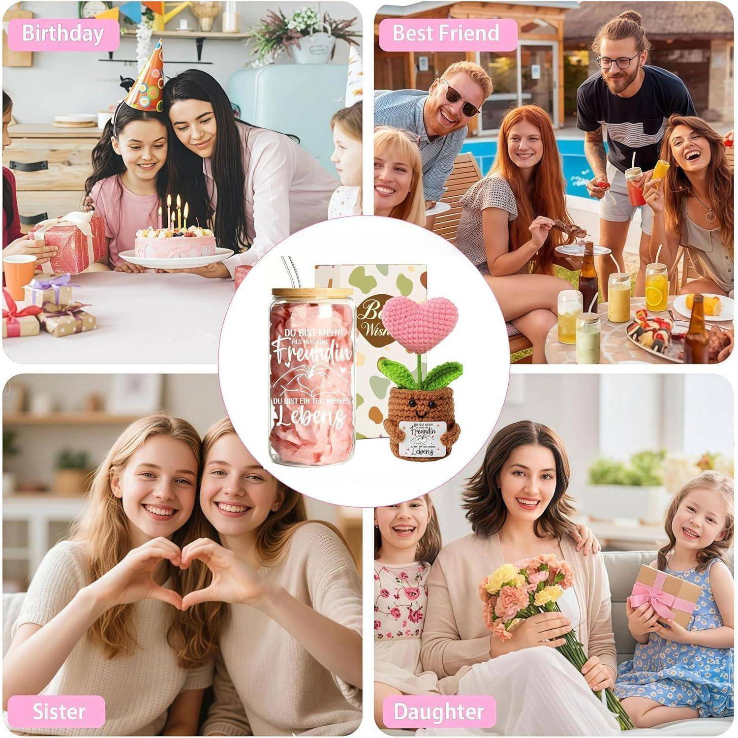 Collage von Frauen und Mädchen, die Geburtstag, Freundschaft, Schwesternschaft und Tochter mit Geschenken, Kuchen, Blumen und einem herzförmigen Andenken feiern.