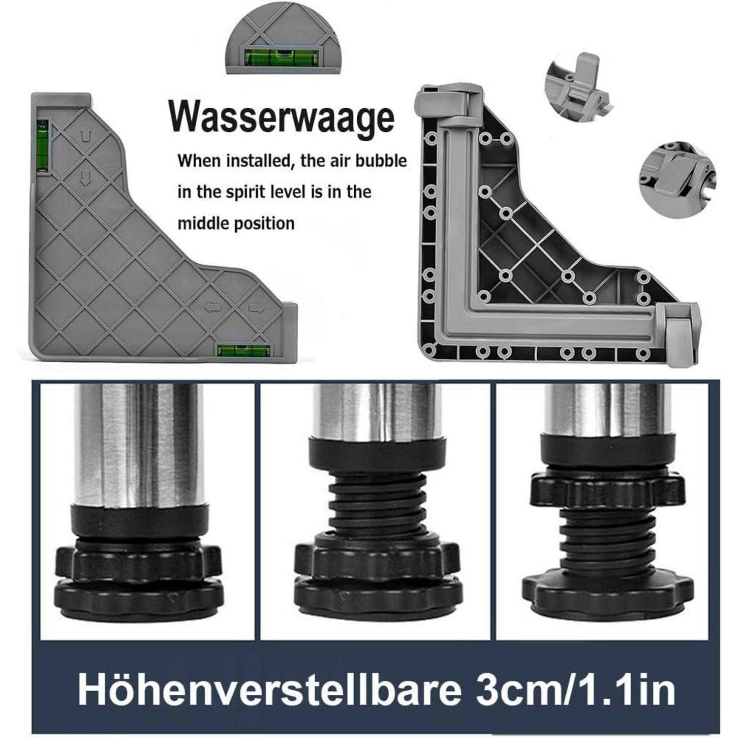 Bild von einstellbaren Ausgleichsfüßen und Wasserwaageteilen, mit Text „Wasserwaage