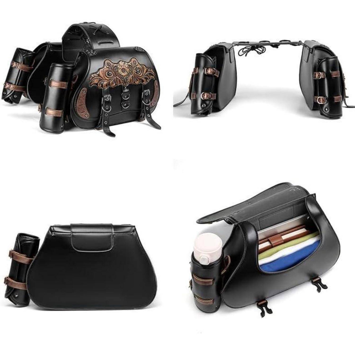 Zusammenklappbare schwarze Lederkoffertasche, dargestellt aus mehreren Blickwinkeln, mit Seitentaschen, Schnallengurten und einem Hauptfach mit gefalteten Gegenständen.
