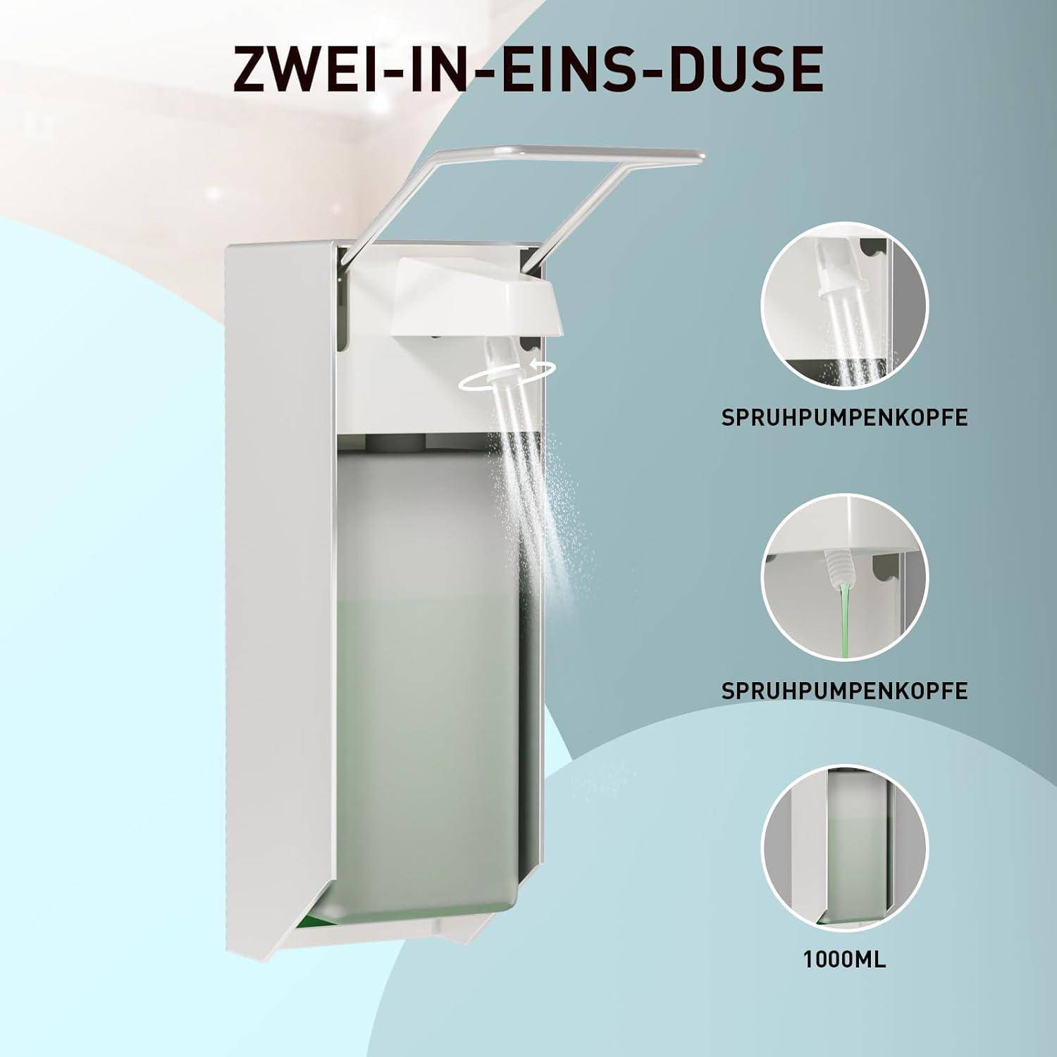 Produktabbildung einer „ZWEI-IN-EINS-DÜSE" – Dual-Funktions-Dispenser mit Sprühpumpenköpfen und einem 1000-ml-Behälter mit eingerahmten Detailansichten.