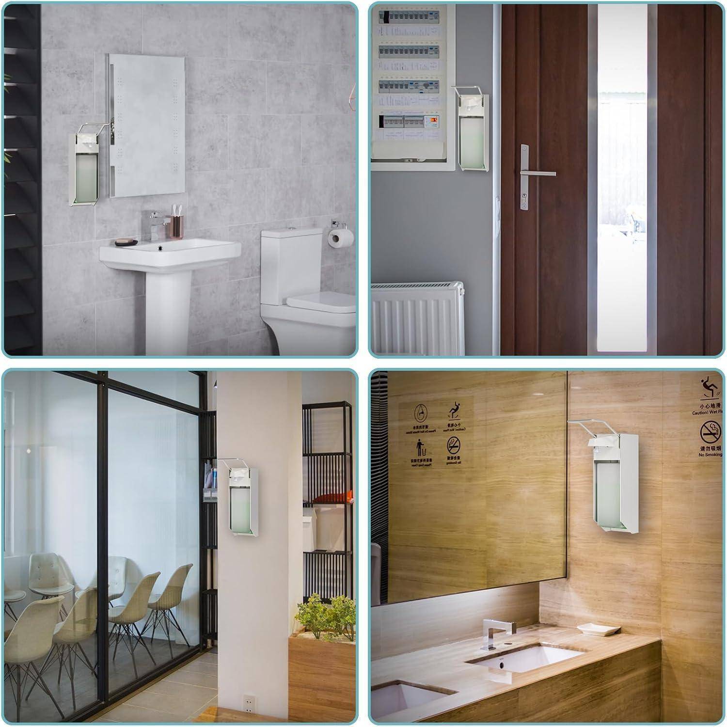 Collage von wandmontierten Spendern, die in verschiedenen Innenräumen installiert sind: Badezimmer und ein Speisebereich, gezeigt neben Waschbecken, Toiletten, Türen und Spiegeln.