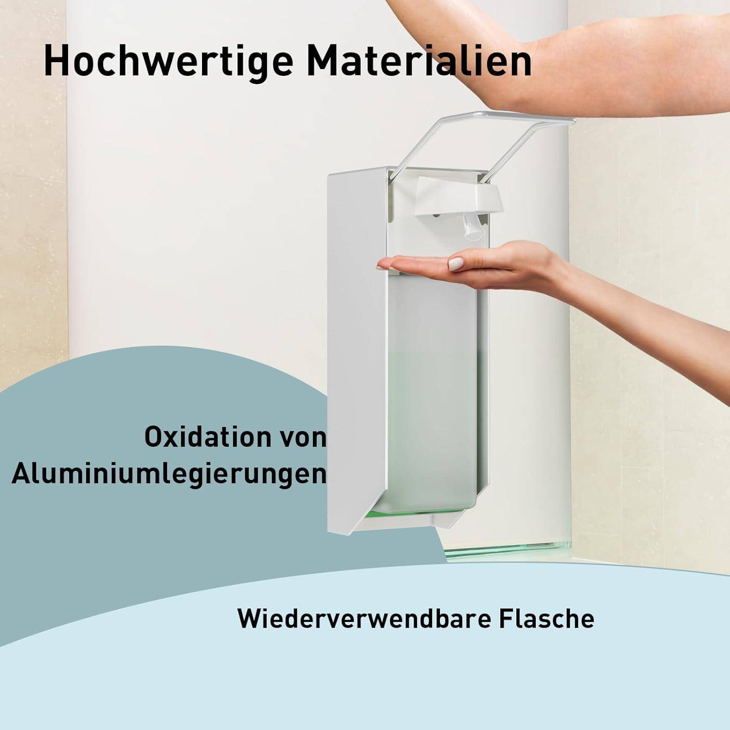 Ein wiederverwendbarer Flaschenspender mit Händen, die eine Flasche entfernen, beschriftet mit „Hochwertige Materialien", „Oxidation von Aluminiumlegierungen"" und „Wiederverwendbare Flasche"".