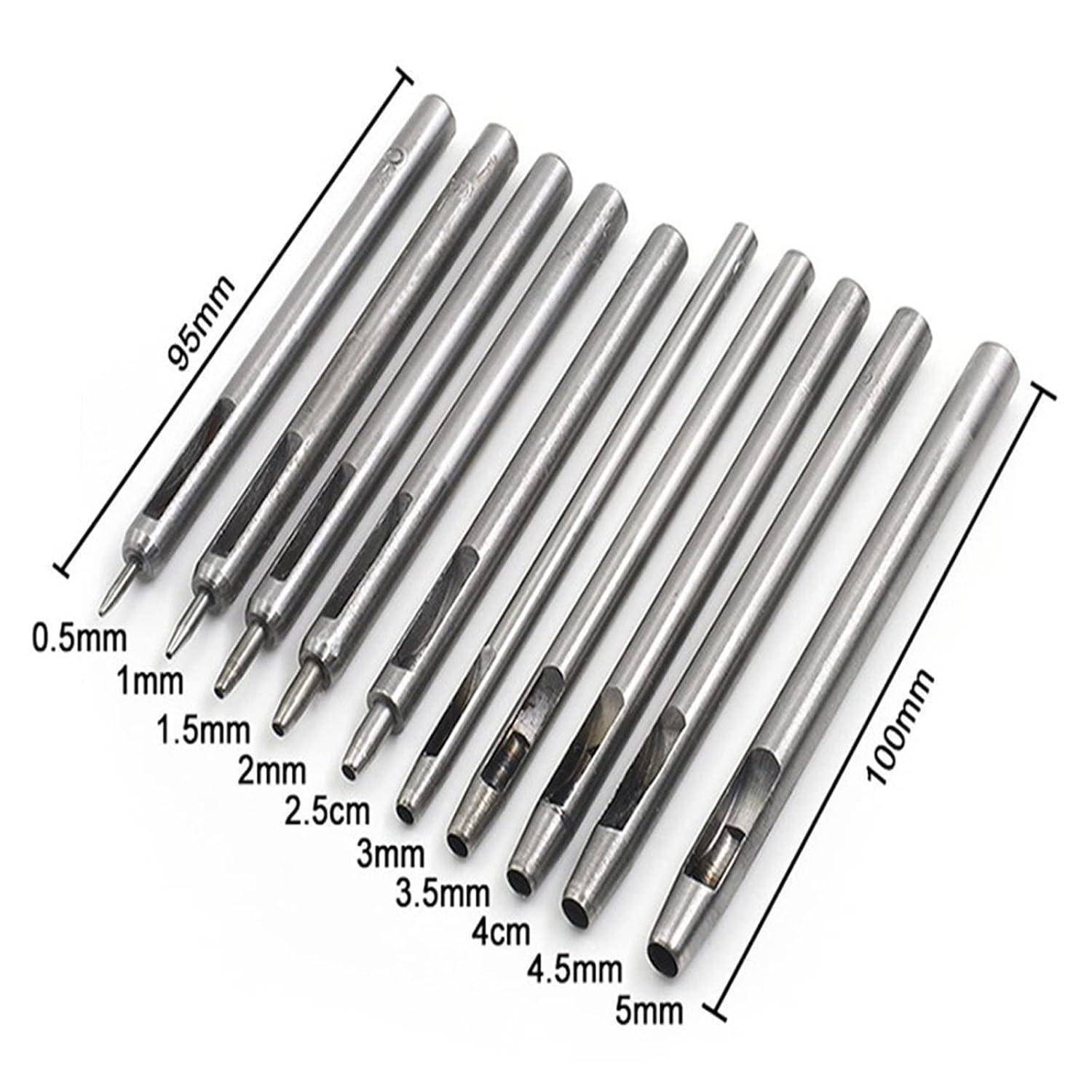 Satz von zehn Metallschlag-/Gravurwerkzeugen mit Größenbezeichnungen von 0,5 mm bis 5 mm, Längen mit 95 mm und 100 mm gekennzeichnet.