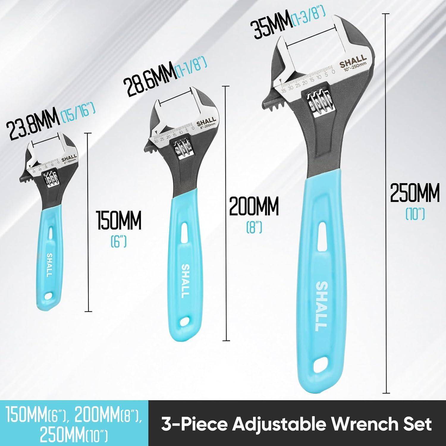 Shall Verstellbarer Schraubenschlüssel, 3-Teilig Rollgabelschlüssel Set.(6"/150mm, 8"/200mm y 10"/250mm), mit gepolstertem Griff, lasergeätzt für