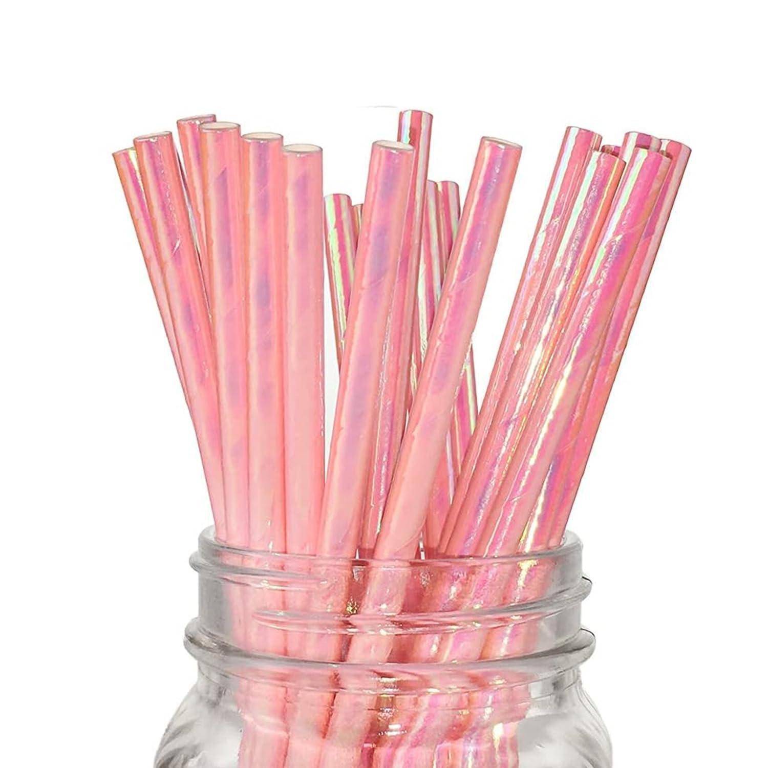 Folie Rosa Papier Strohhalme Einweg, 100 Stück Schillernde Koralle Rosa Strohhalme Bulk für Weihnachten, Geburtstag Party Supplies, Hochzeit - 100%