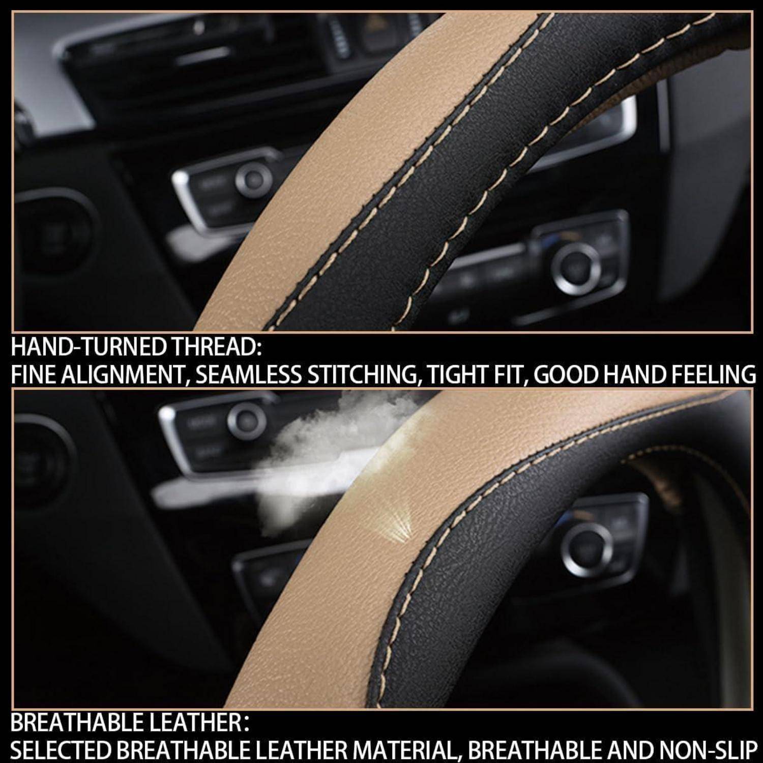 Nahaufnahme einer beige-schwarzen Lenkradbezug mit handgesteppten Nähten und Ledertextur, mit Text, der feine Stepperei und atmungsaktives, rutschfestes Leder hervorhebt.