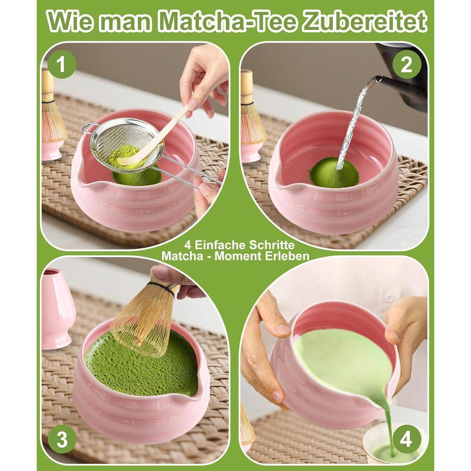 JBER Matcha Besen Set, Matcha Set Rosa 7 Teiliges für Matcha-Liebhaber | Handgefertigter Bambus Besen mit 100 Zinken, Schale mit Auslauf, Matcha