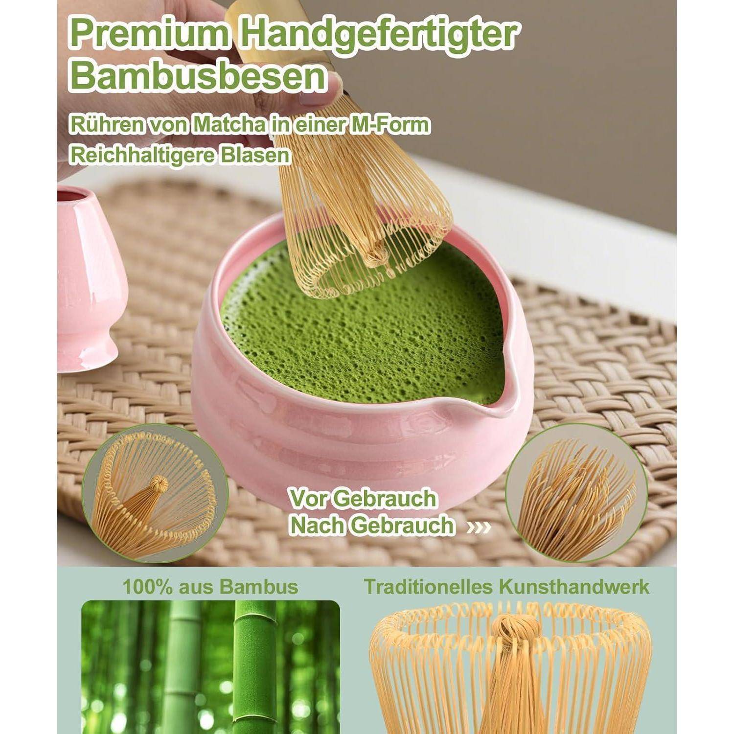JBER Matcha Besen Set, Matcha Set Rosa 7 Teiliges für Matcha-Liebhaber | Handgefertigter Bambus Besen mit 100 Zinken, Schale mit Auslauf, Matcha