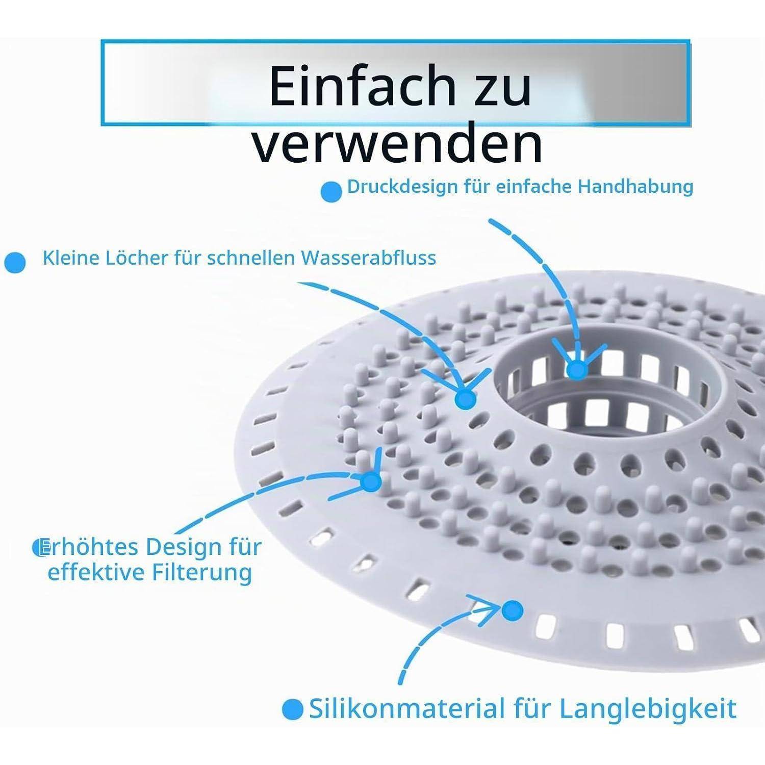 Deutsches Produktgrafik zeigt einen Silikon-Ablauffilter mit gekennzeichneten Funktionen: einfach zu bedienen, kleine Löcher für schnelle Wasserableitung, verbesserte Filtration und langlebiges Silikonmaterial.