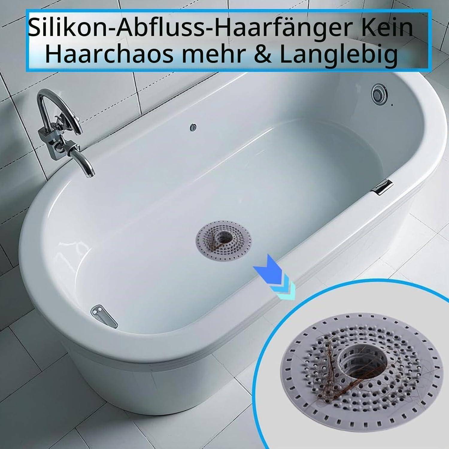 Badewanne mit Ablauf-Haarfänger; Text sagt „Silikon-Abfluss-Haargänger Kein Haarchaos mehr & Langlebig