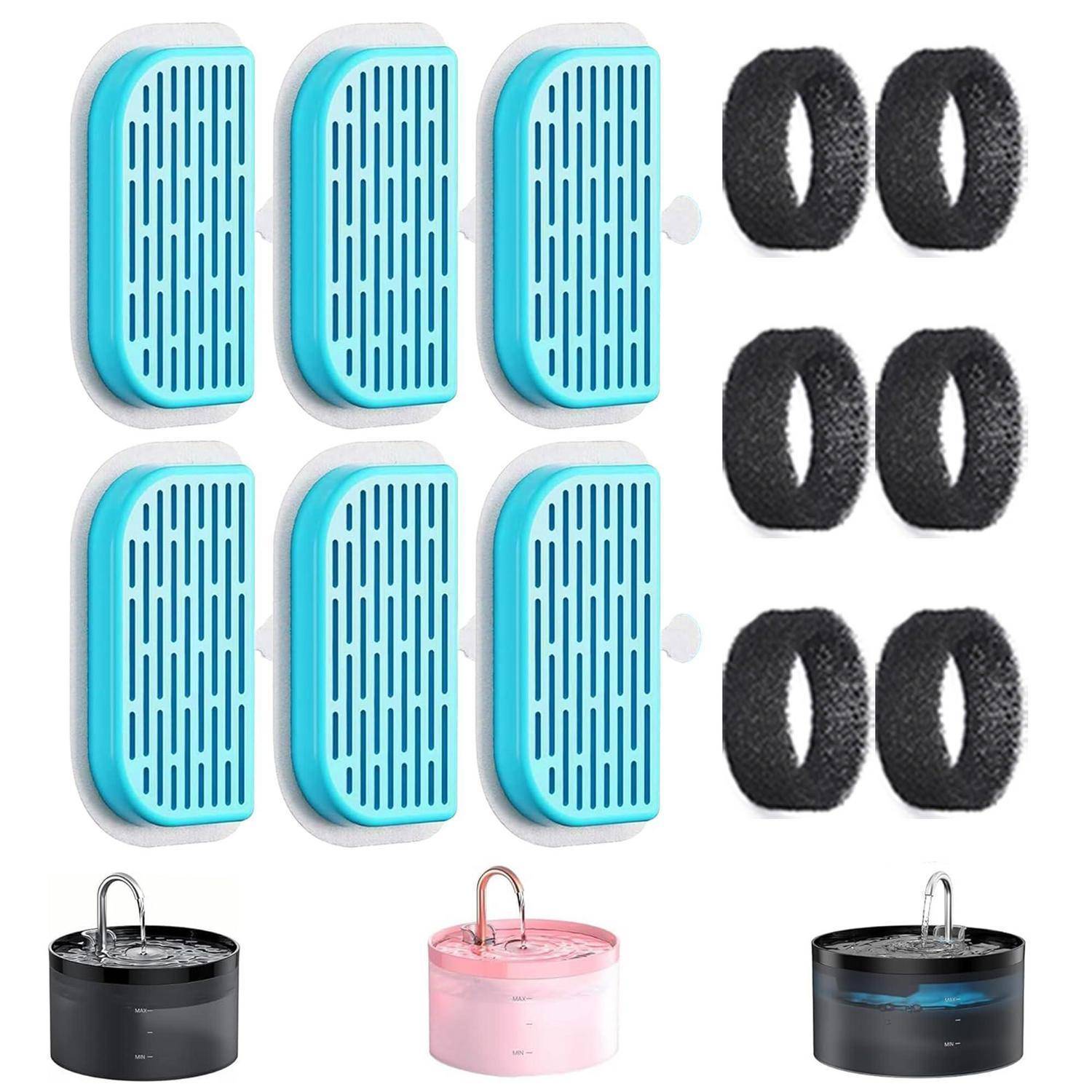 Satz von sechs blauen belüfteten Poolskimmer-Abdeckungen, sechs schwarzen Schaumstoffringen und drei schwimmenden Wasserfountain-Geräten in Schwarz, Rosa und Dunkelgrau/Blau.